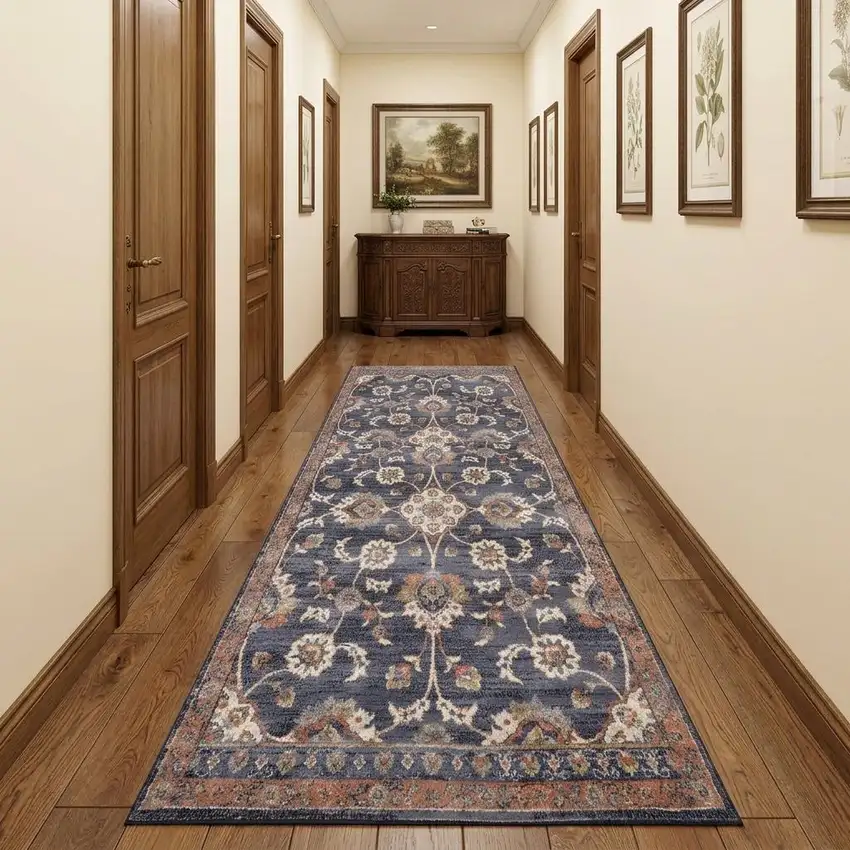 10' Ivory Orange And Dark Gray Floral Runner Rug Photo 1