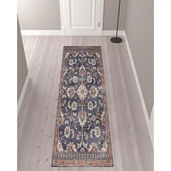 10' Navy Blue Floral Power Loom Runner Rug With Fringe Photo 2