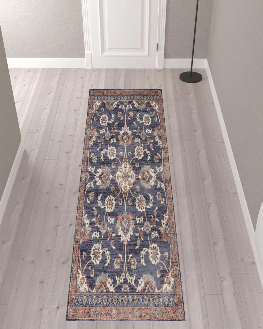 10' Navy Blue Floral Power Loom Runner Rug With Fringe Photo 2