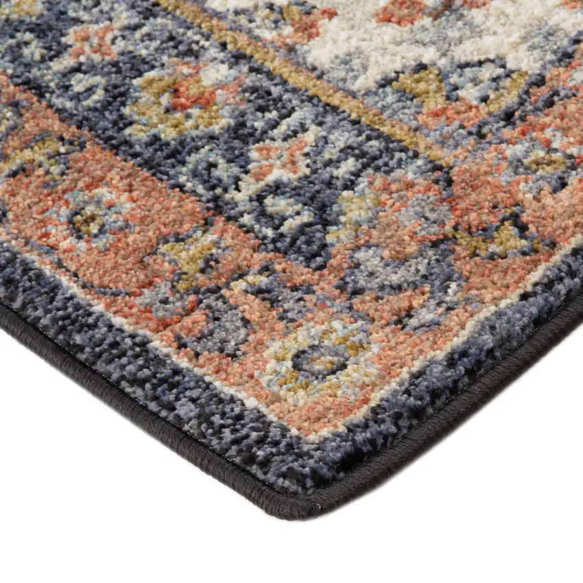 10' Navy Blue Floral Power Loom Runner Rug With Fringe Photo 5