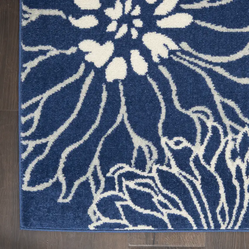 10' Navy Blue Floral Power Loom Runner Rug Photo 9