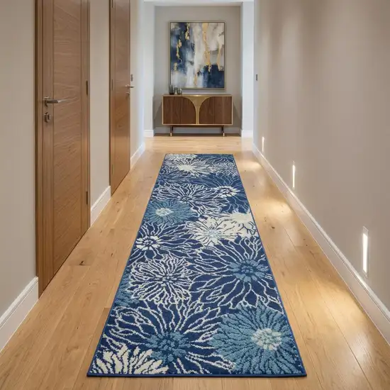 10' Navy Blue Floral Power Loom Runner Rug Photo 1