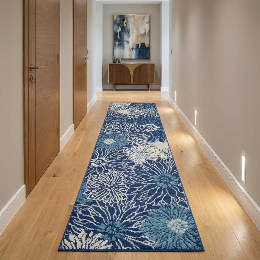 10' Navy Blue Floral Power Loom Runner Rug Photo 1