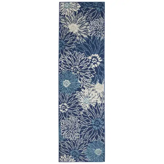 10' Navy Blue Floral Power Loom Runner Rug Photo 2