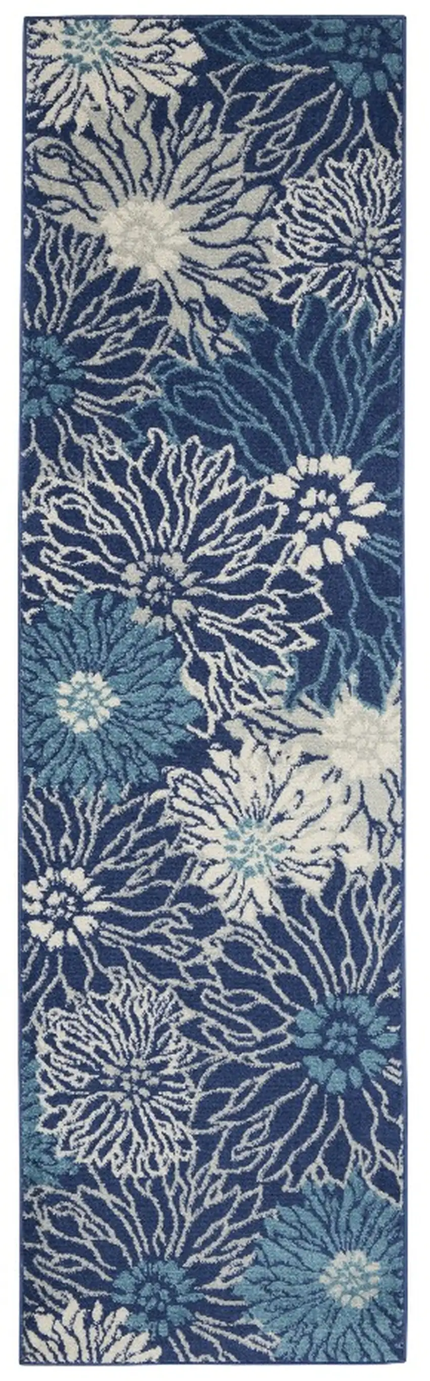 10' Navy Blue Floral Power Loom Runner Rug Photo 2