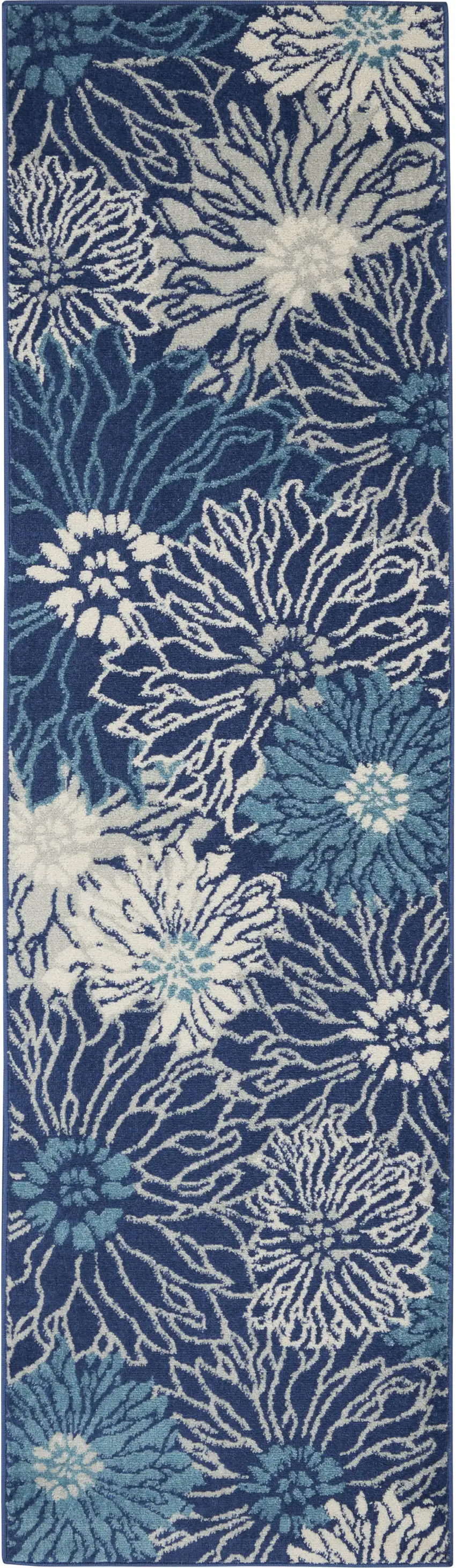 10' Navy Blue Floral Power Loom Runner Rug Photo 4