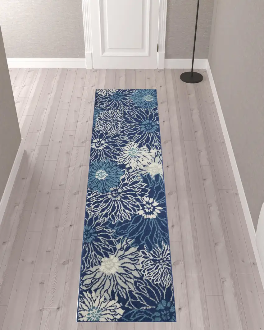 10' Navy Blue Floral Power Loom Runner Rug Photo 2