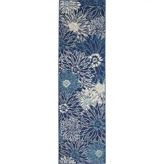10' Navy Blue Floral Power Loom Runner Rug Photo 2