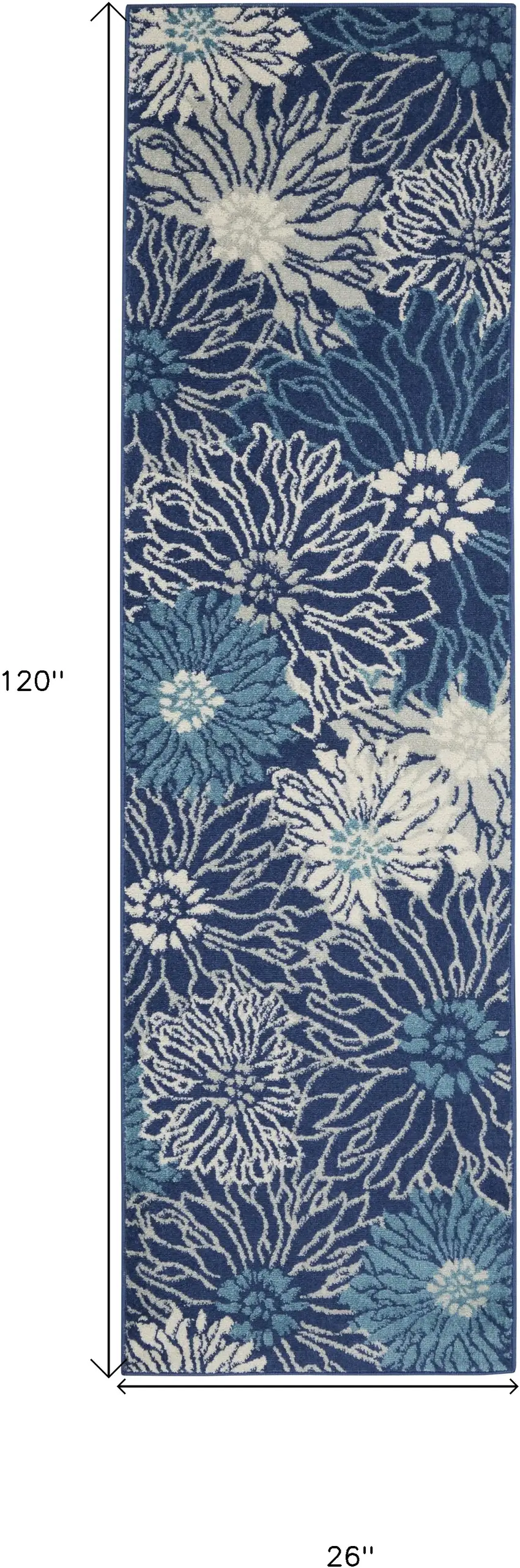 10' Navy Blue Floral Power Loom Runner Rug Photo 5