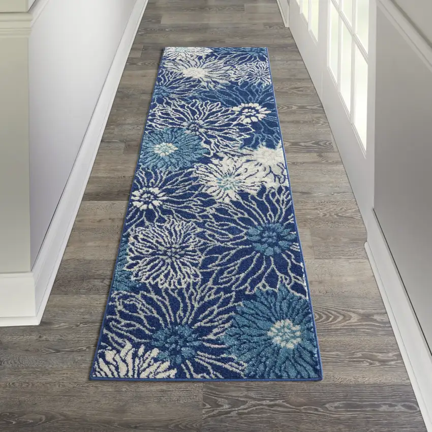 10' Navy Blue Floral Power Loom Runner Rug Photo 4