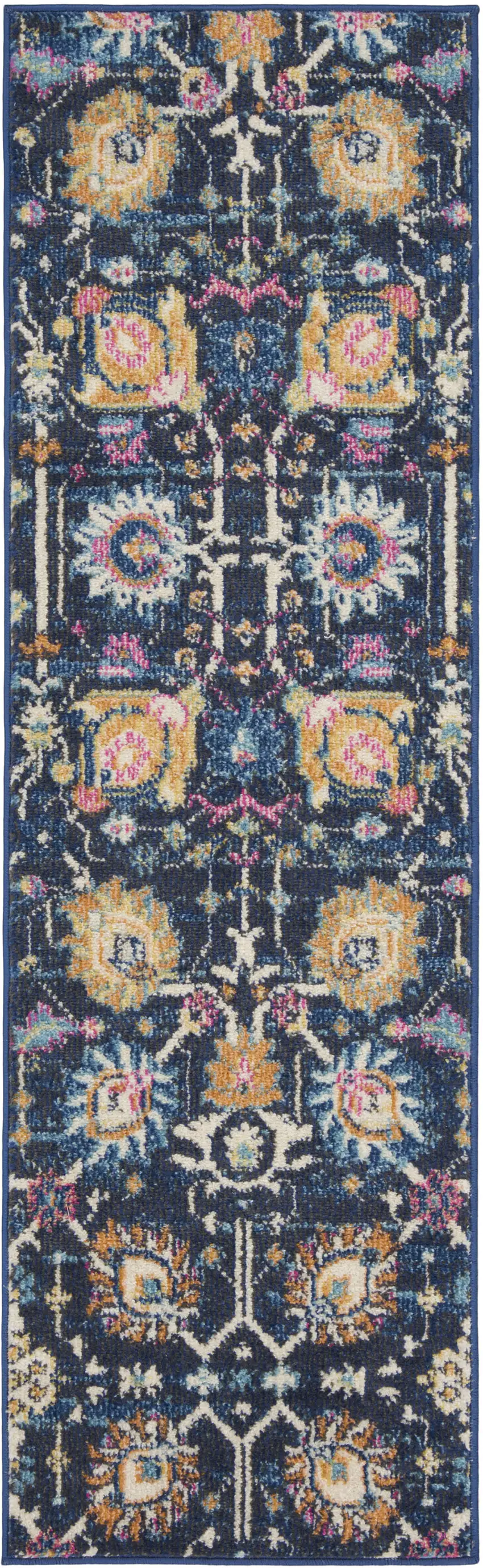 6' Navy Blue Floral Power Loom Runner Rug Photo 1