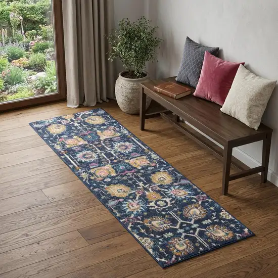 6' Navy Blue Floral Power Loom Runner Rug Photo 1
