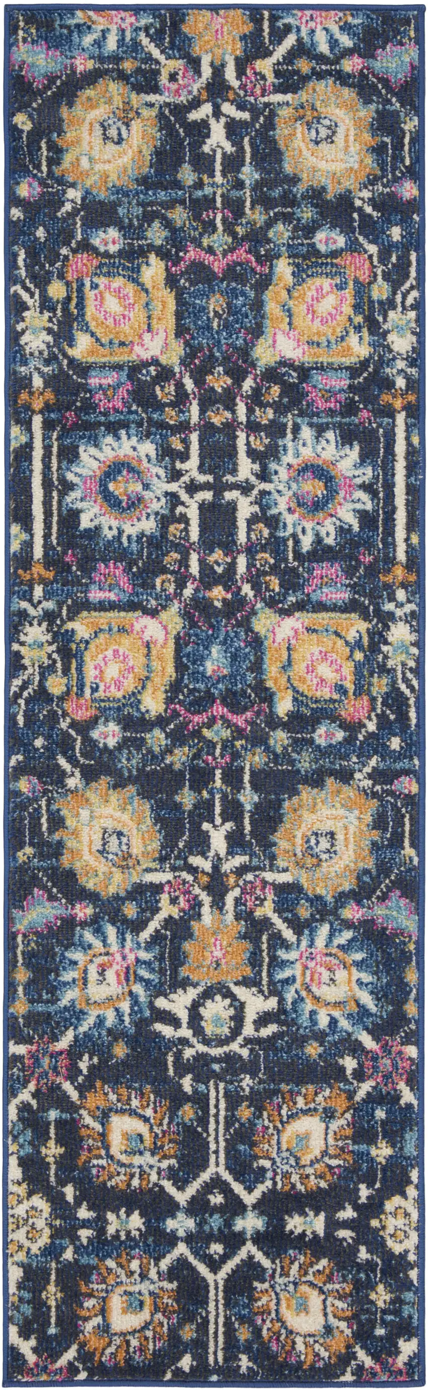 6' Navy Blue Floral Power Loom Runner Rug Photo 3