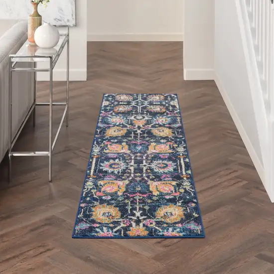 6' Navy Blue Floral Power Loom Runner Rug Photo 5