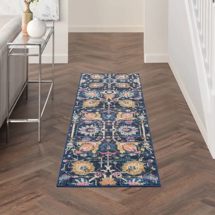 6' Navy Blue Floral Power Loom Runner Rug Photo 5