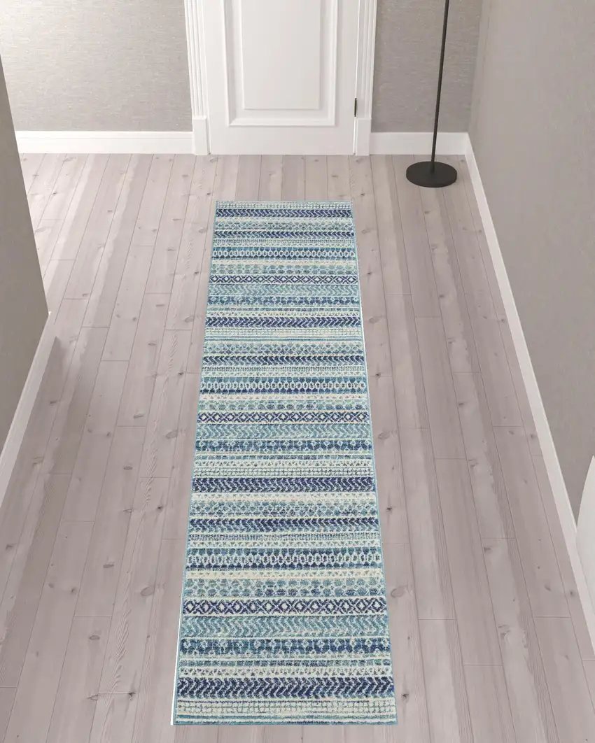 10' Navy Blue Floral Power Loom Runner Rug Photo 2