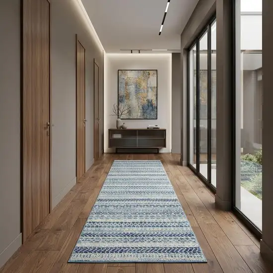 10' Navy Blue Floral Power Loom Runner Rug Photo 1