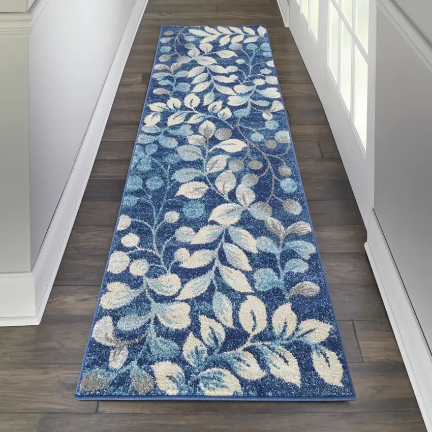 7' Navy Blue Floral Runner Rug Photo 5