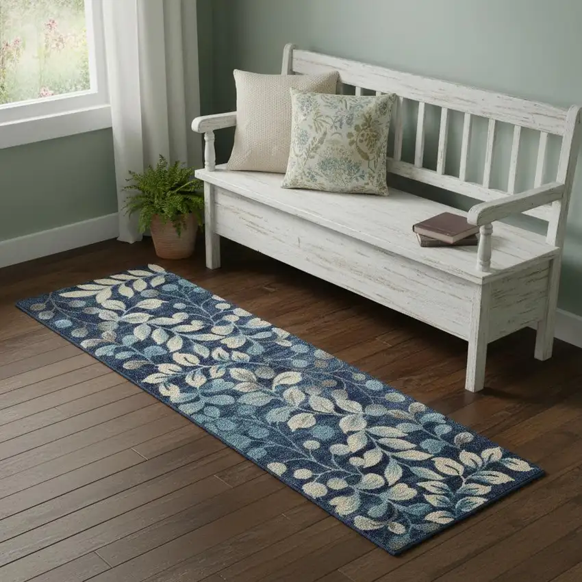 7' Navy Blue Floral Runner Rug Photo 1