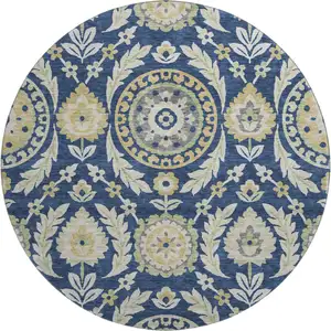 Photo of 8' Navy Blue Gold And Beige Floral Washable Round Rug With UV Protection