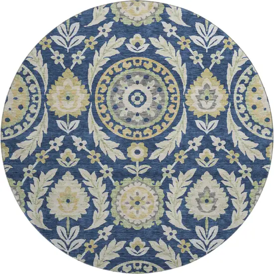 8' Navy Blue Gold And Beige Floral Washable Round Rug With UV Protection Photo 1
