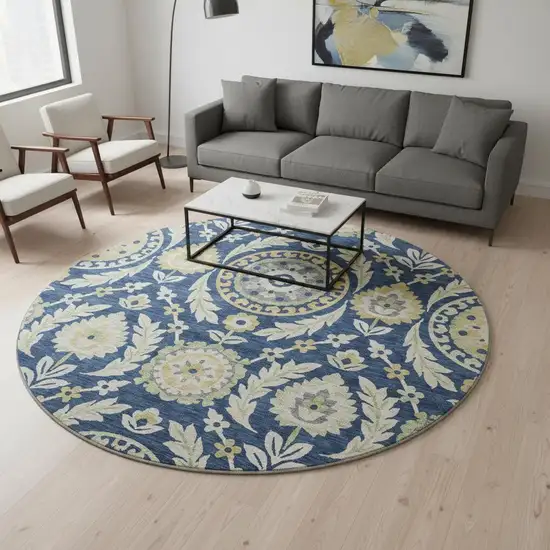 8' Navy Blue Gold And Beige Floral Washable Round Rug With UV Protection Photo 2