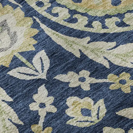 8' Navy Blue Gold And Beige Floral Washable Round Rug With UV Protection Photo 9
