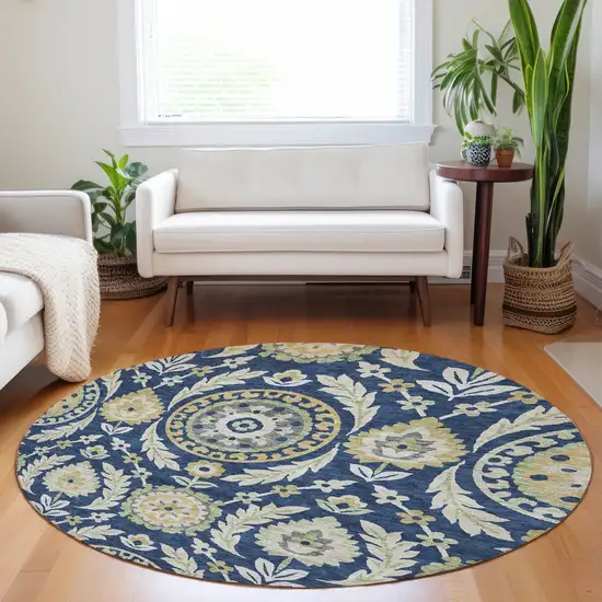 8' Navy Blue Gold And Beige Floral Washable Round Rug With UV Protection Photo 5