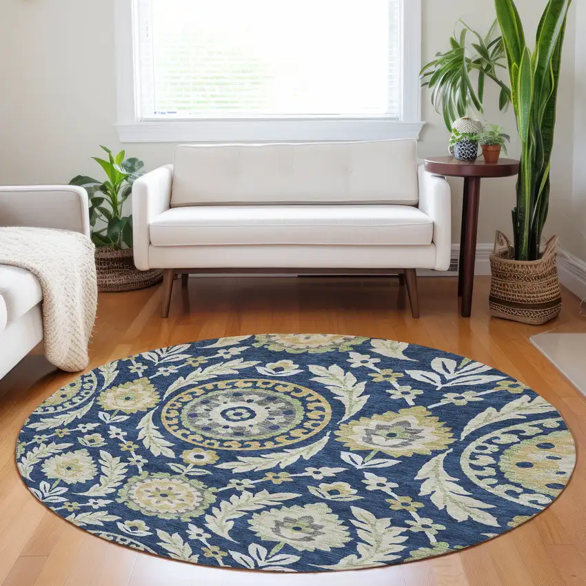 8' Navy Blue Gold And Beige Floral Washable Round Rug With UV Protection Photo 5