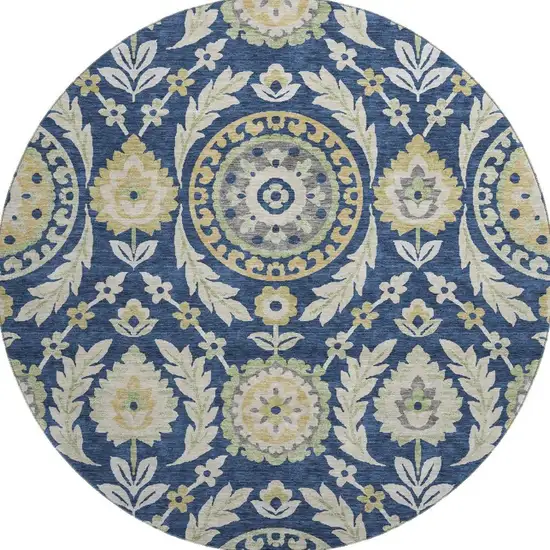 8' Navy Blue Gold And Beige Floral Washable Round Rug With UV Protection Photo 3