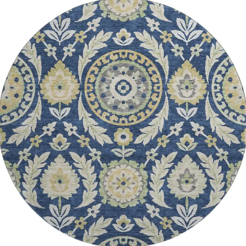 8' Navy Blue Gold And Beige Floral Washable Round Rug With UV Protection Photo 3
