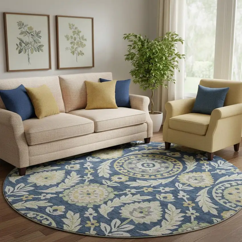 8' Navy Blue Gold And Beige Floral Washable Round Rug With UV Protection Photo 1