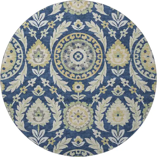 8' Navy Blue Gold And Beige Floral Washable Round Rug With UV Protection Photo 4