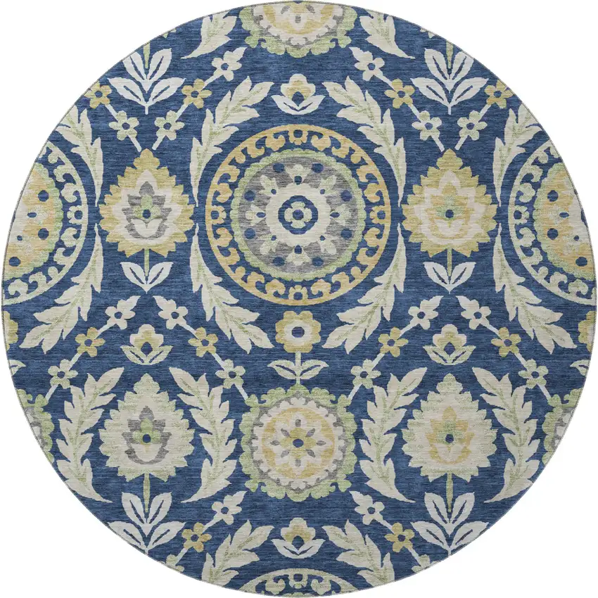 8' Navy Blue Gold And Beige Floral Washable Round Rug With UV Protection Photo 4