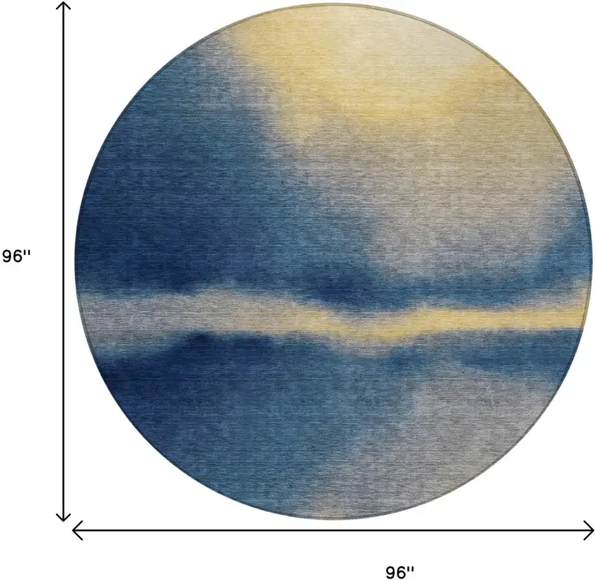 8' Navy Blue Gold And Beige Round Abstract Washable Indoor Outdoor Area Rug Photo 9