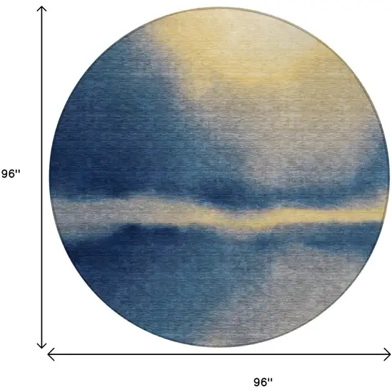 8' Navy Blue Gold And Beige Round Abstract Washable Indoor Outdoor Area Rug Photo 9