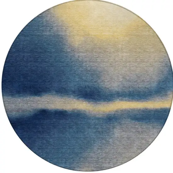 8' Navy Blue Gold And Beige Round Abstract Washable Indoor Outdoor Area Rug Photo 2