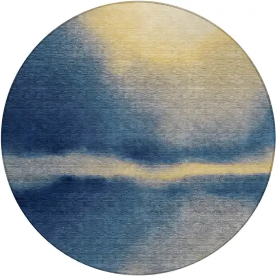 8' Navy Blue Gold And Beige Round Abstract Washable Indoor Outdoor Area Rug Photo 1