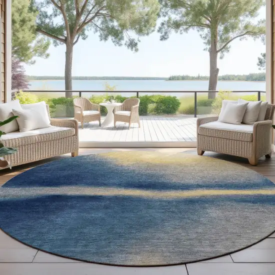 8' Navy Blue Gold And Beige Round Abstract Washable Indoor Outdoor Area Rug Photo 3