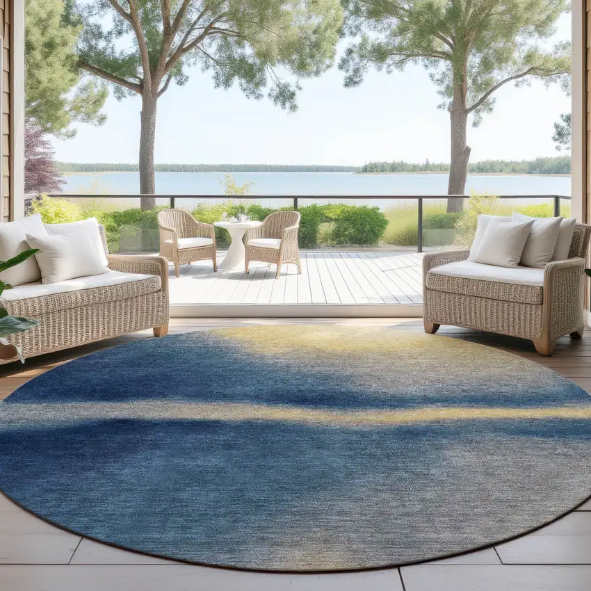 8' Navy Blue Gold And Beige Round Abstract Washable Indoor Outdoor Area Rug Photo 3