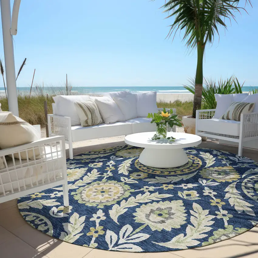 8' Navy Blue Gold And Beige Round Floral Washable Indoor Outdoor Area Rug Photo 7
