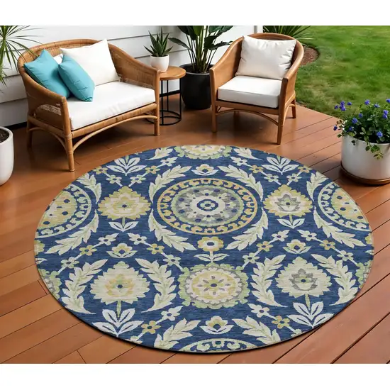 8' Navy Blue Gold And Beige Round Floral Washable Indoor Outdoor Area Rug Photo 1