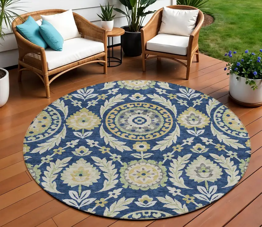 8' Navy Blue Gold And Beige Round Floral Washable Indoor Outdoor Area Rug Photo 1
