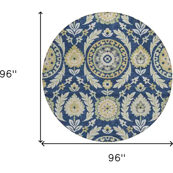 8' Navy Blue Gold And Beige Round Floral Washable Indoor Outdoor Area Rug Photo 9