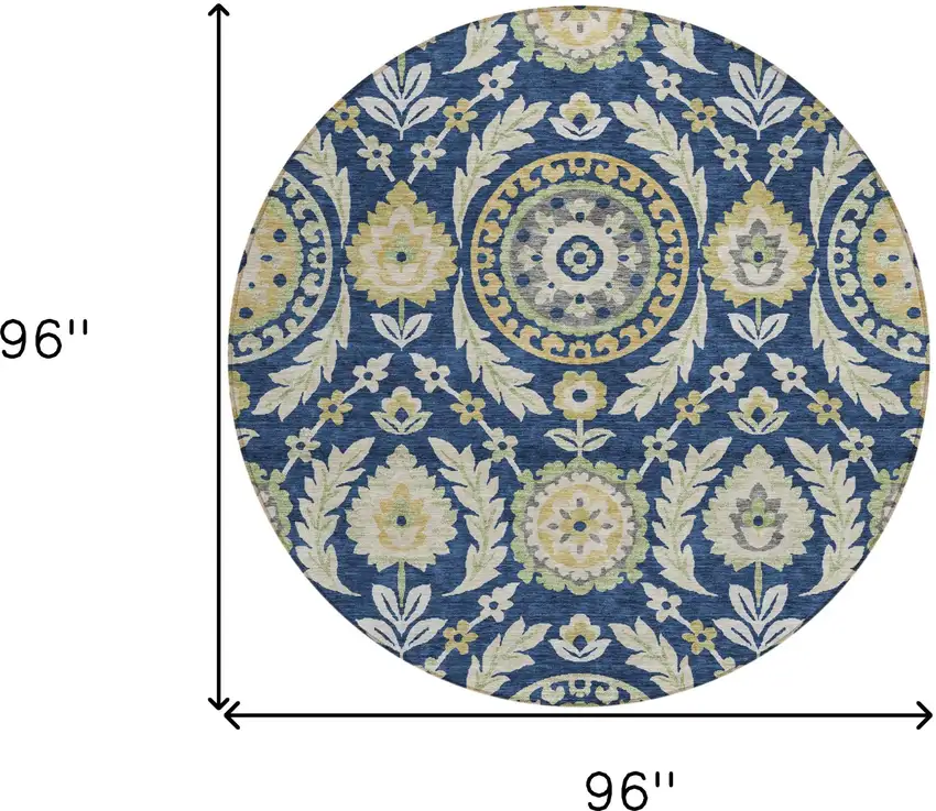 8' Navy Blue Gold And Beige Round Floral Washable Indoor Outdoor Area Rug Photo 9