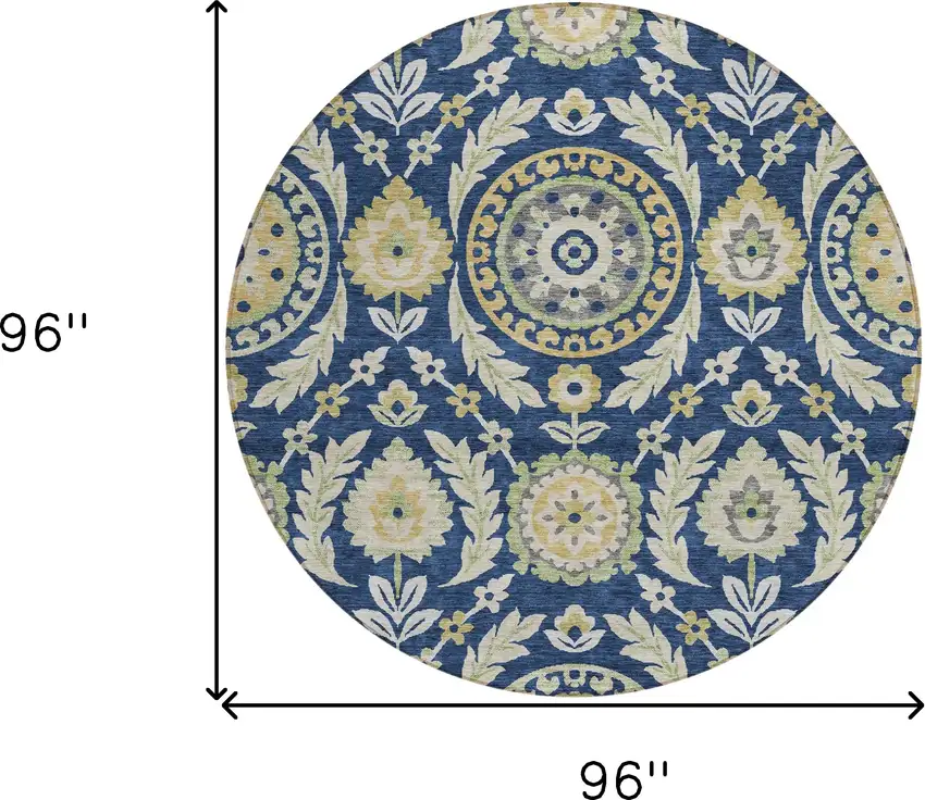 8' Navy Blue Gold And Beige Round Floral Washable Indoor Outdoor Area Rug Photo 9