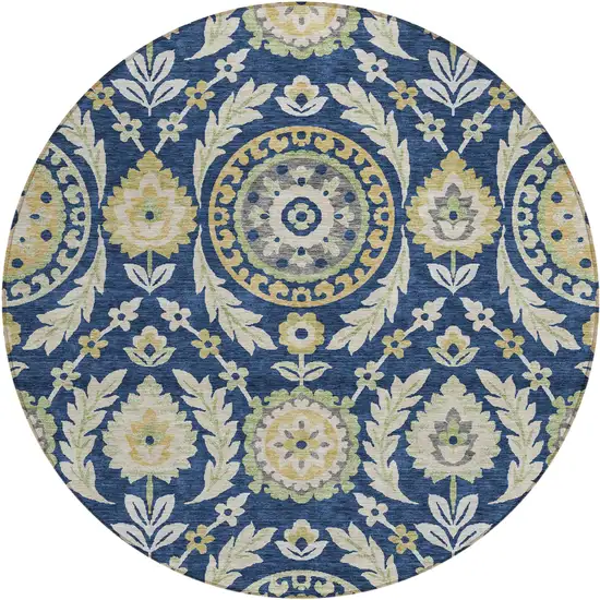 8' Navy Blue Gold And Beige Round Floral Washable Indoor Outdoor Area Rug Photo 1