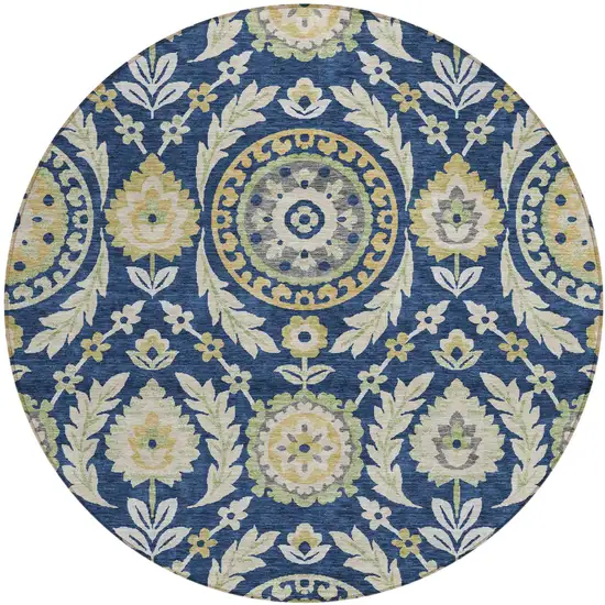 8' Navy Blue Gold And Beige Round Floral Washable Indoor Outdoor Area Rug Photo 1