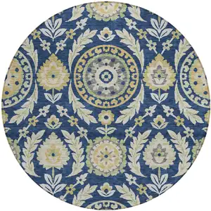 Photo of 8' Navy Blue Gold And Beige Round Floral Washable Indoor Outdoor Area Rug