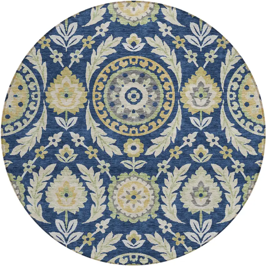 8' Navy Blue Gold And Beige Round Floral Washable Indoor Outdoor Area Rug Photo 1